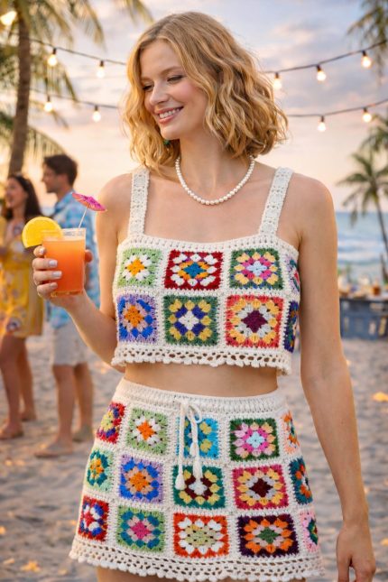 Handmade Crochet Beach Set – Granny Square Top & Skirt | Lumina Design London